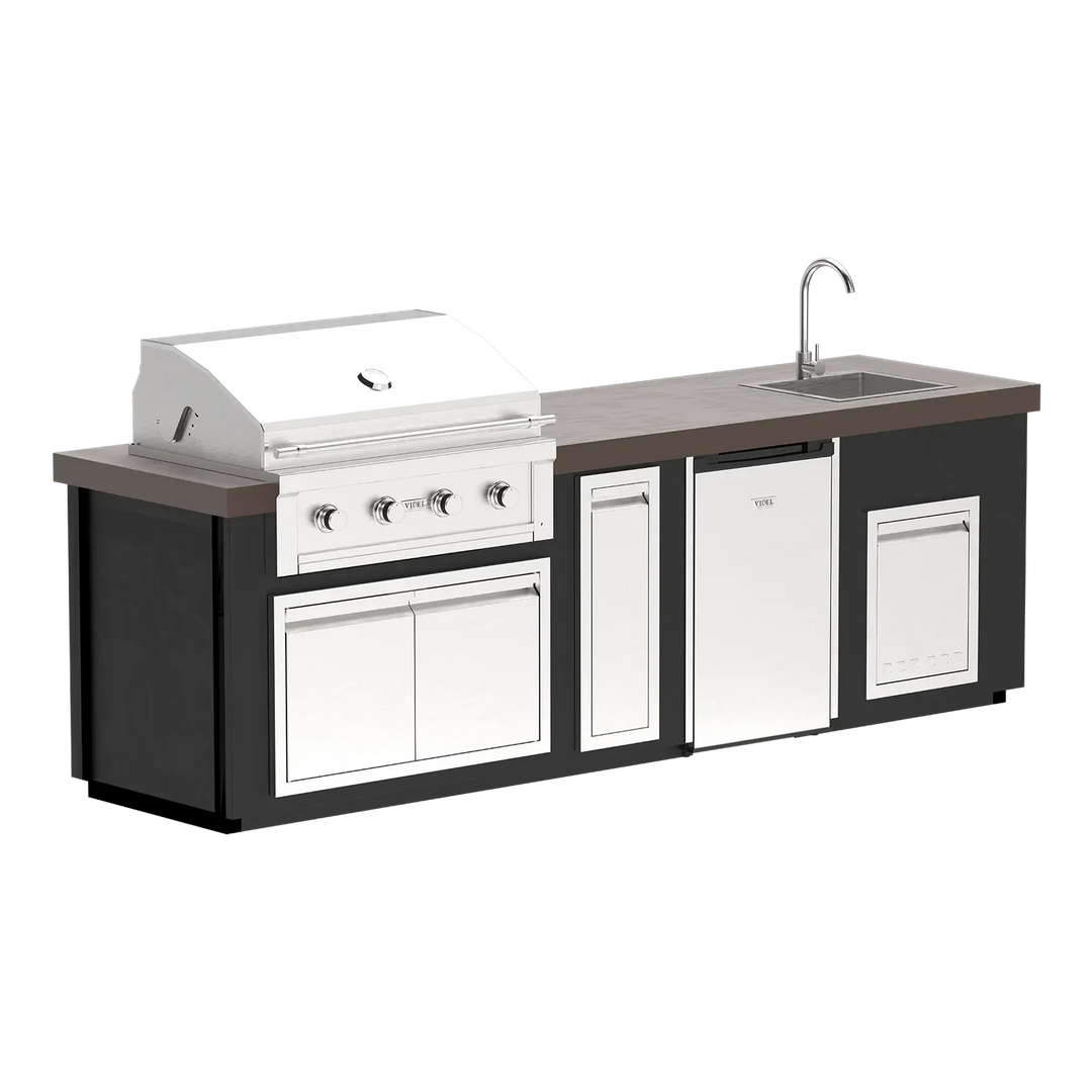Outdoor kitchen island with grill, sink, and cabinets on a white background