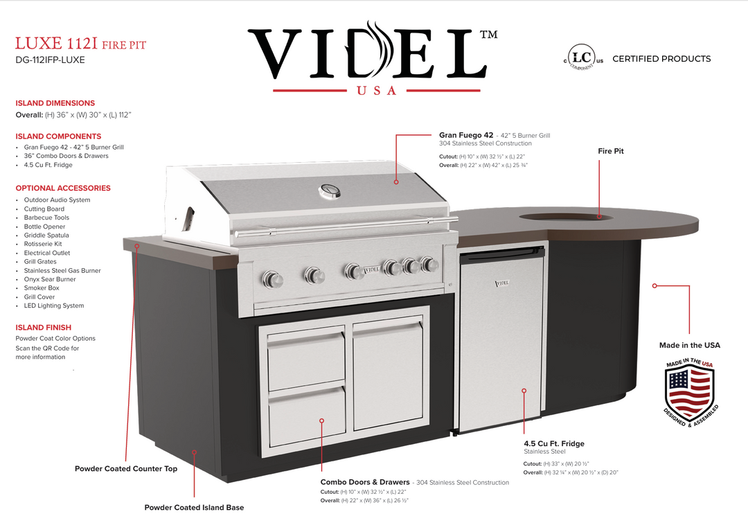 Videl USA Luxe 112" – Firepit & BBQ Island