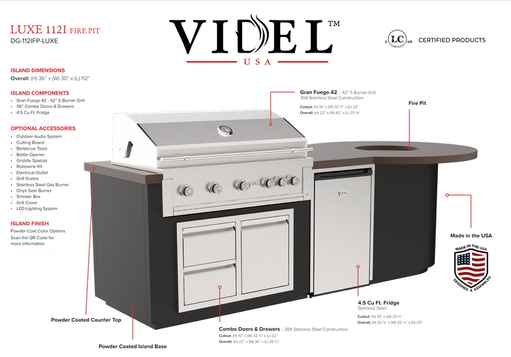 Videl USA Luxe 112" – Firepit & BBQ Island